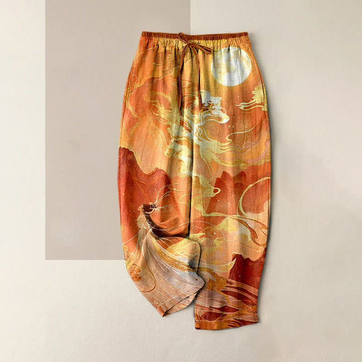 Buddha Stones Pantalones de mujer de algodón puro con estampado de luna dorada, nubes y cintura elástica, con bolsillos. - Naranja - US16，UK/AU20，EU48 (3XL) - image 3