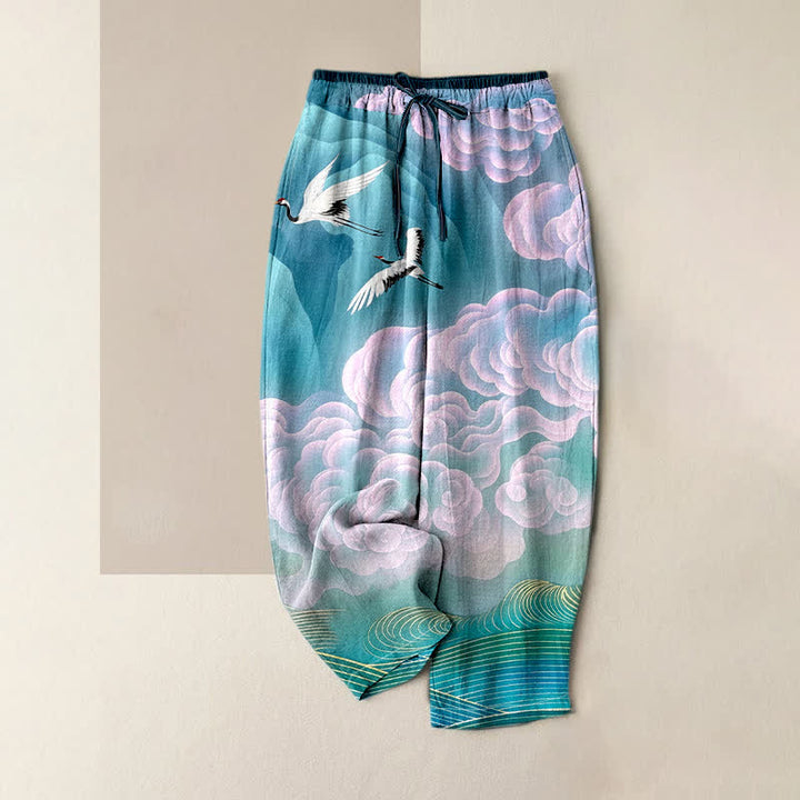Buddha Stones Pantalones de mujer de algodón puro con estampado degradado de grullas voladoras y nubes, cintura elástica y bolsillos. - Turquesa - US16，UK/AU20，EU48 (3XL) - image 0