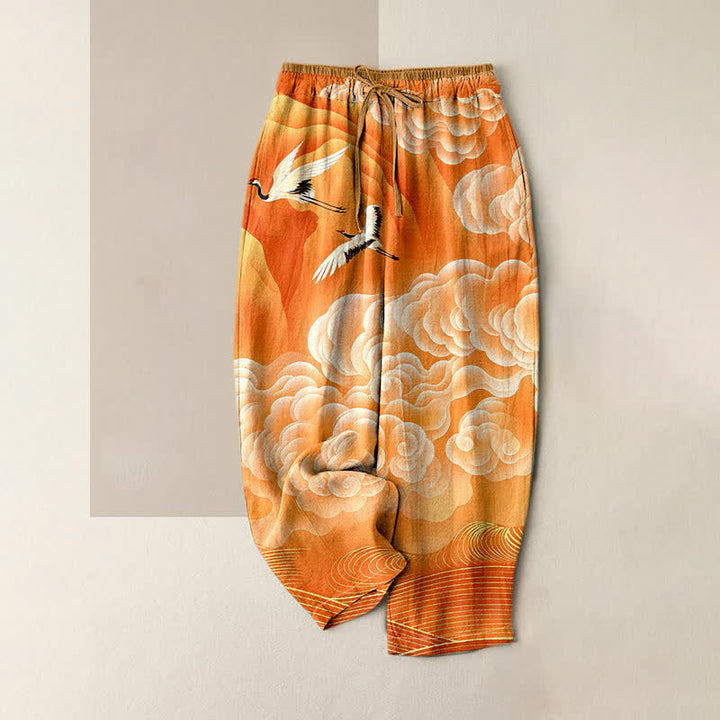 Buddha Stones Pantalones de mujer de algodón puro con estampado degradado de grullas voladoras y nubes, cintura elástica y bolsillos. - Naranja - US16，UK/AU20，EU48 (3XL) - image 3