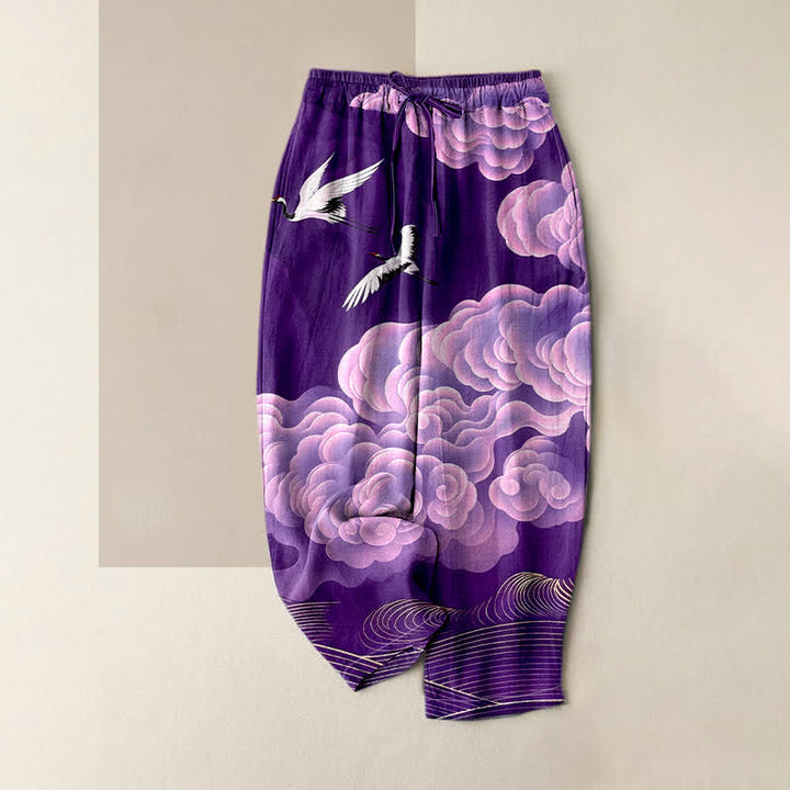 Buddha Stones Pantalones de mujer de algodón puro con estampado degradado de grullas voladoras y nubes, cintura elástica y bolsillos. - Púrpura - US16，UK/AU20，EU48 (3XL) - image 4