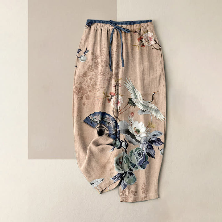 Buddha Stones Pantalones de mujer de algodón puro con estampado de grulla oriental y cintura elástica, con bolsillos. - Trigo - US16，UK/AU20，EU48 (3XL) - image 0