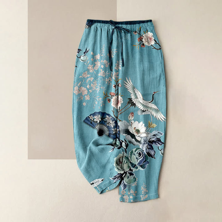 Buddha Stones Pantalones de mujer de algodón puro con estampado de grulla oriental y cintura elástica, con bolsillos. - Celeste - US16，UK/AU20，EU48 (3XL) - image 3