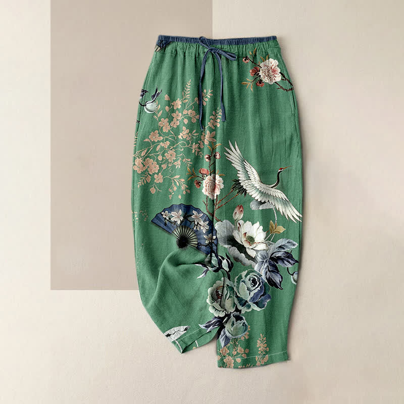 Buddha Stones Pantalones de mujer de algodón puro con estampado de grulla oriental y cintura elástica, con bolsillos. - Verdemar - US16，UK/AU20，EU48 (3XL) - image 4