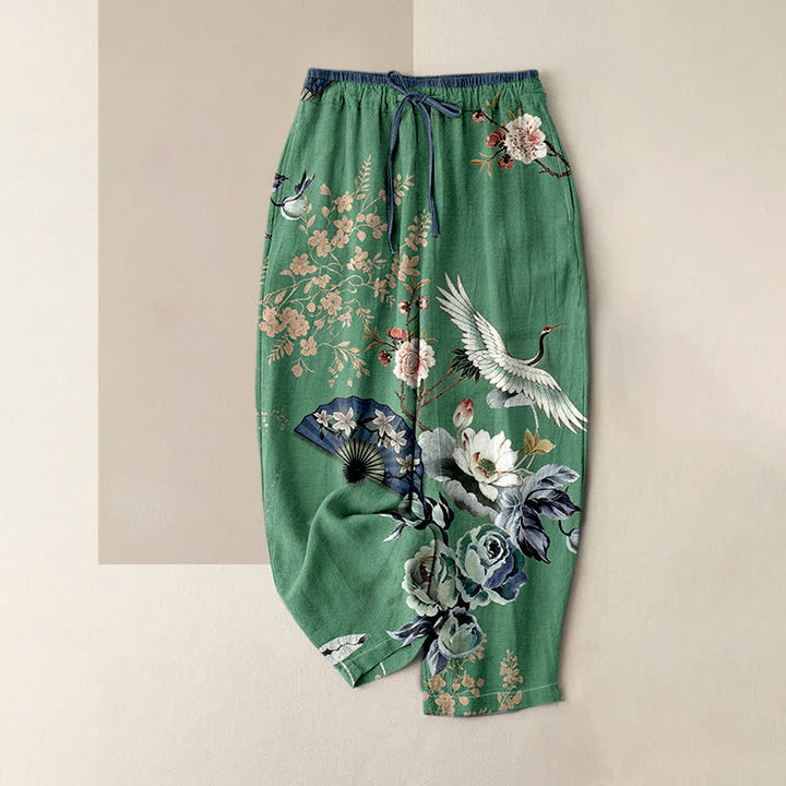 Buddha Stones Pantalones de mujer de algodón puro con estampado de grulla oriental y cintura elástica, con bolsillos. - Verdemar - US16，UK/AU20，EU48 (3XL) - image 4