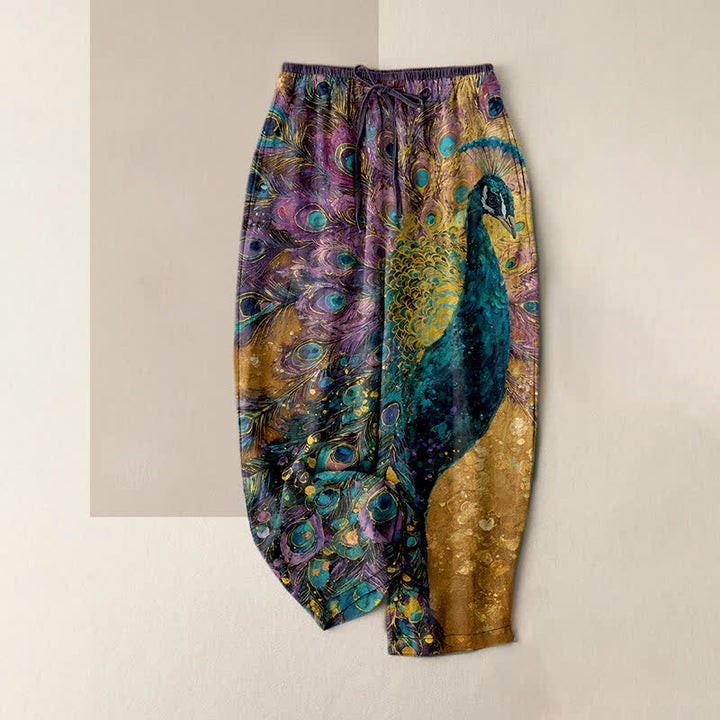 Buddha Stones Pantalones de mujer de algodón puro con estampado de plumas de pavo real, cintura elástica y bolsillos. - vara de oro - US16，UK/AU20，EU48 (3XL) - image 5