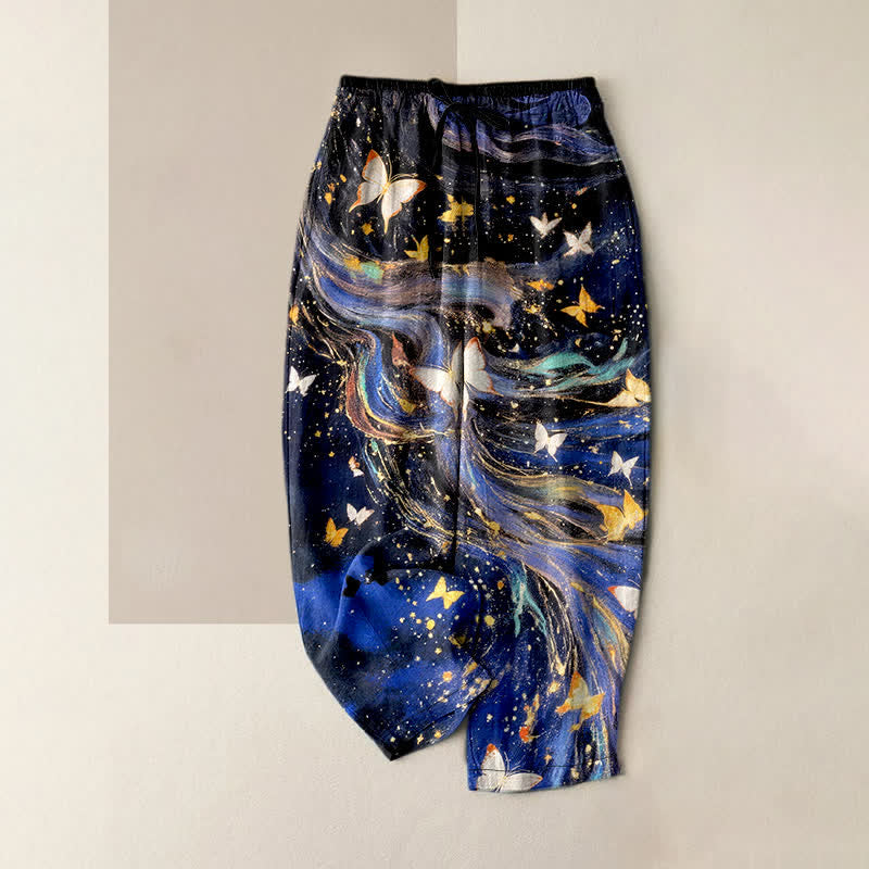 Buddha Stones Pantalones de mujer de algodón con estampado de mariposas estrelladas y cintura elástica con bolsillos. - Azul medianoche - US16，UK/AU20，EU48 (3XL) - image 0