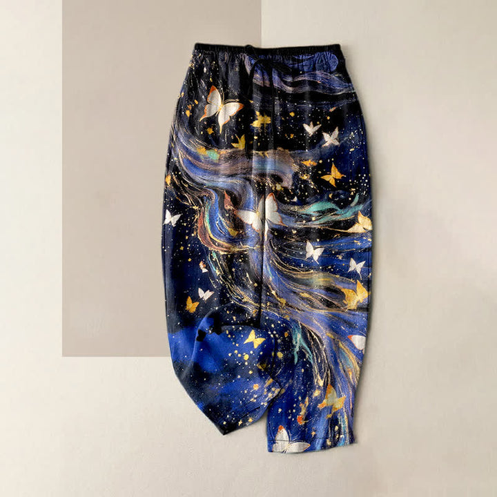 Buddha Stones Pantalones de mujer de algodón con estampado de mariposas estrelladas y cintura elástica con bolsillos. - Azul medianoche - US16，UK/AU20，EU48 (3XL) - image 0