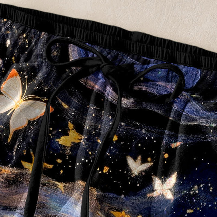 Buddha Stones Pantalones de mujer de algodón con estampado de mariposas estrelladas y cintura elástica con bolsillos. - image 1