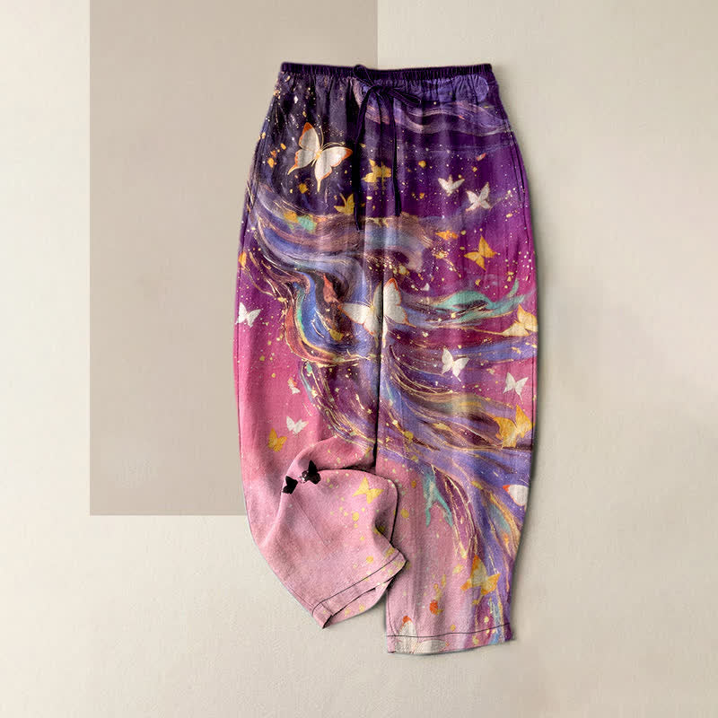 Buddha Stones Pantalones de mujer de algodón con estampado de mariposas estrelladas y cintura elástica con bolsillos. - Púrpura - US16，UK/AU20，EU48 (3XL) - image 4