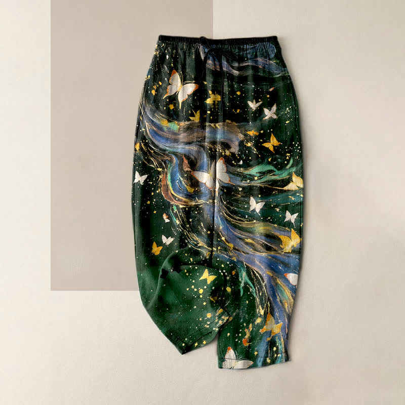 Buddha Stones Pantalones de mujer de algodón con estampado de mariposas estrelladas y cintura elástica con bolsillos. - Verde oscuro - US16，UK/AU20，EU48 (3XL) - image 5