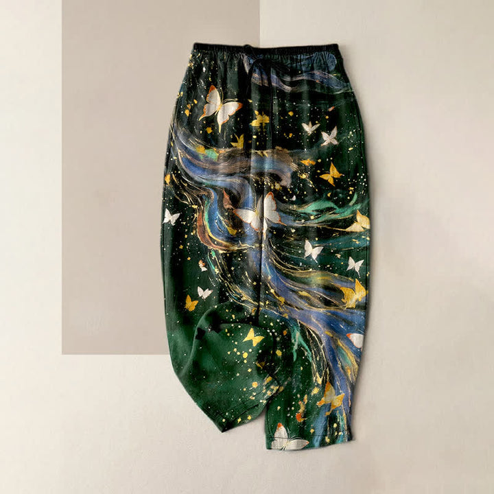 Buddha Stones Pantalones de mujer de algodón con estampado de mariposas estrelladas y cintura elástica con bolsillos. - Verde oscuro - US16，UK/AU20，EU48 (3XL) - image 5