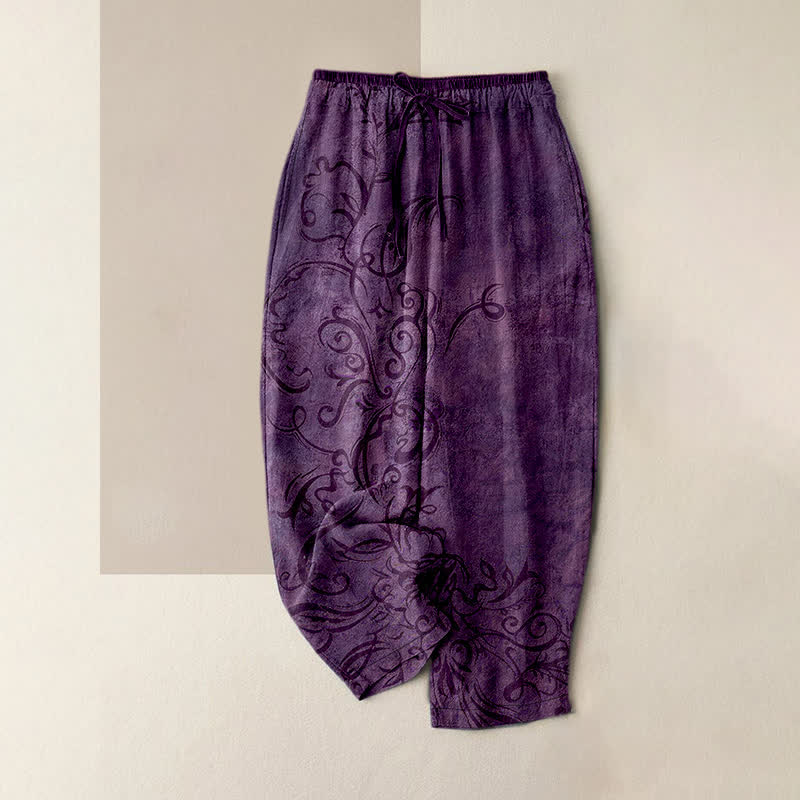 Buddha Stones Pantalones de mujer de terciopelo de algodón con estampado de enredaderas y cintura elástica con bolsillos. - Púrpura - US16，UK/AU20，EU48 (3XL) - image 0