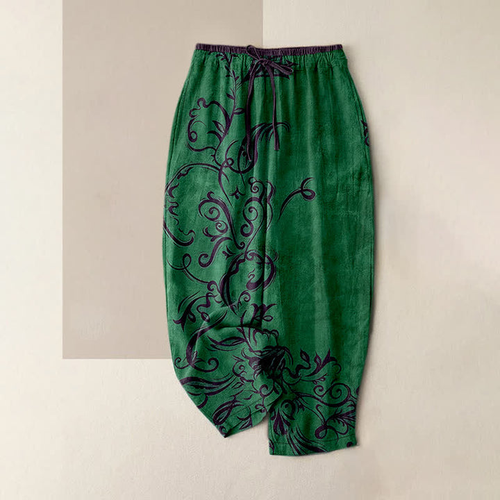 Buddha Stones Pantalones de mujer de terciopelo de algodón con estampado de enredaderas y cintura elástica con bolsillos. - Verde bosque - US16，UK/AU20，EU48 (3XL) - image 4