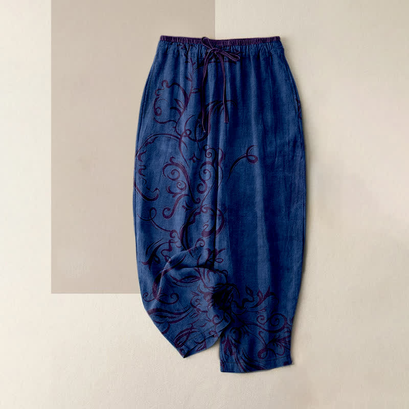 Buddha Stones Pantalones de mujer de terciopelo de algodón con estampado de enredaderas y cintura elástica con bolsillos. - Marina de guerra - US16，UK/AU20，EU48 (3XL) - image 5