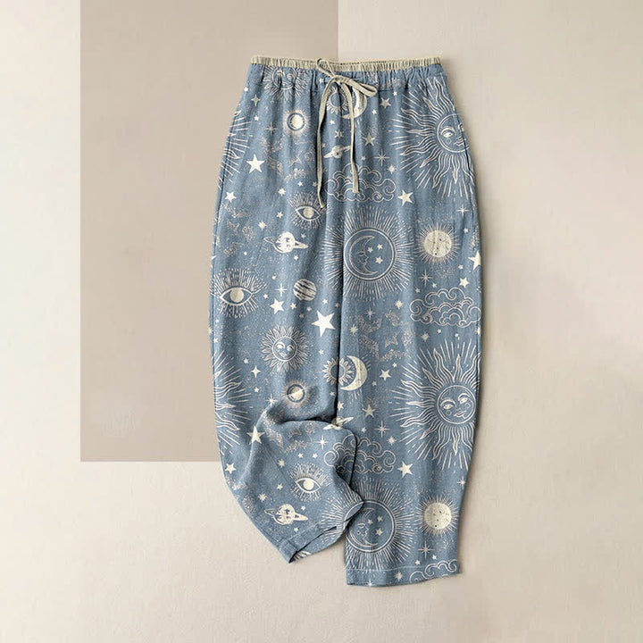 Buddha Stones Pantalones de mujer de algodón puro con estampado de sol, luna y estrellas, cintura elástica y bolsillos. - Azul acero claro - US16，UK/AU20，EU48 (3XL) - image 4