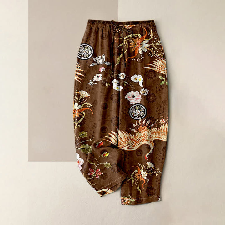 Buddha Stones Pantalones de mujer de algodón puro blanco con estampado floral de grullas y cintura elástica con bolsillos. - Tierra de siena - US16，UK/AU20，EU48 (3XL) - image 0