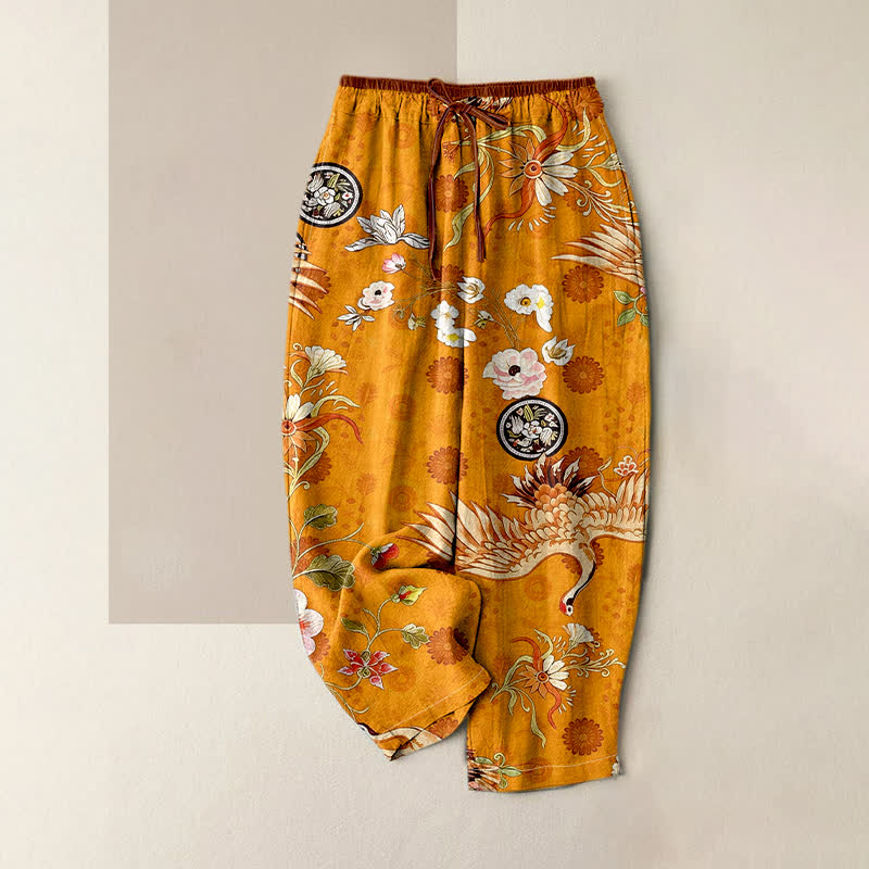 Buddha Stones Pantalones de mujer de algodón puro blanco con estampado floral de grullas y cintura elástica con bolsillos. - vara de oro - US16，UK/AU20，EU48 (3XL) - image 3