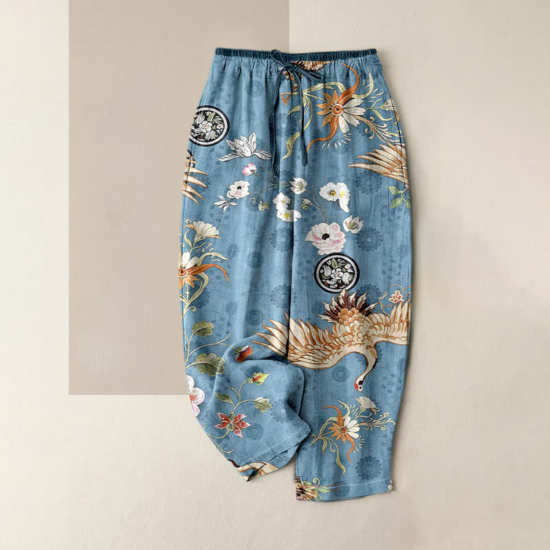 Buddha Stones Pantalones de mujer de algodón puro blanco con estampado floral de grullas y cintura elástica con bolsillos. - Azul acero - US16，UK/AU20，EU48 (3XL) - image 4