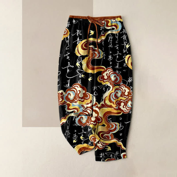 Buddha Stones Pantalones de mujer de algodón puro con estampado de caligrafía oriental de nubes y cintura elástica con bolsillos. - Negro - US16，UK/AU20，EU48 (3XL) - image 0