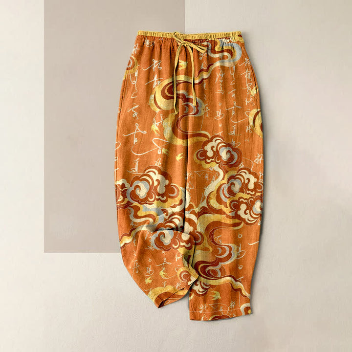 Buddha Stones Pantalones de mujer de algodón puro con estampado de caligrafía oriental de nubes y cintura elástica con bolsillos. - Naranja - US16，UK/AU20，EU48 (3XL) - image 4