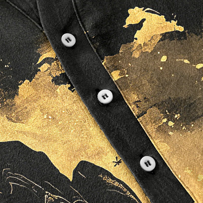 Buddha Stones Camisa de manga corta con medio botón para hombre, de algodón, con estampado de paisaje de luna dorada. - image 4