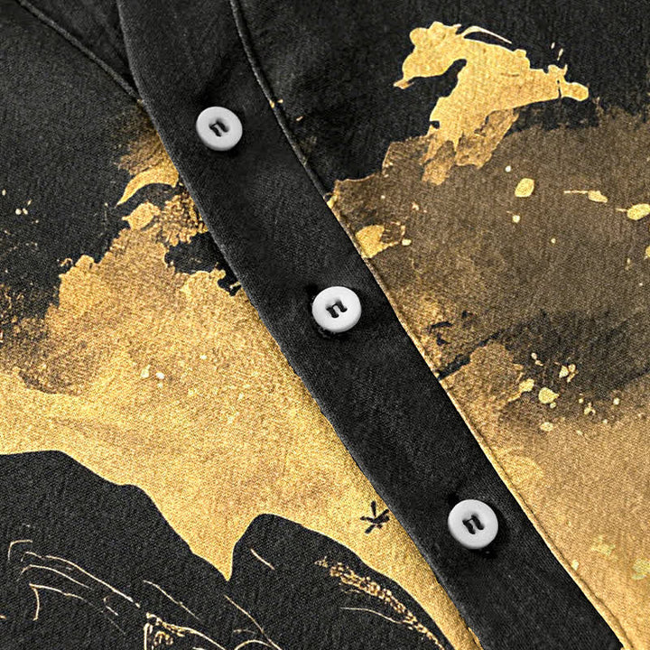 Buddha Stones Camisa de manga corta con medio botón para hombre, de algodón, con estampado de paisaje de luna dorada. - image 4