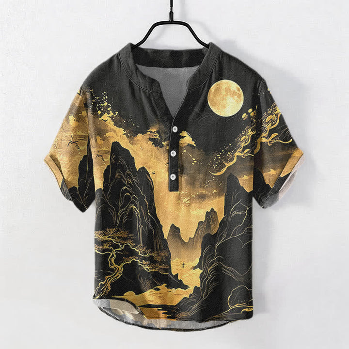 Buddha Stones Camisa de manga corta con medio botón para hombre, de algodón, con estampado de paisaje de luna dorada. - Negro - US/UK/AU50, EU60 (5XL) - image 0