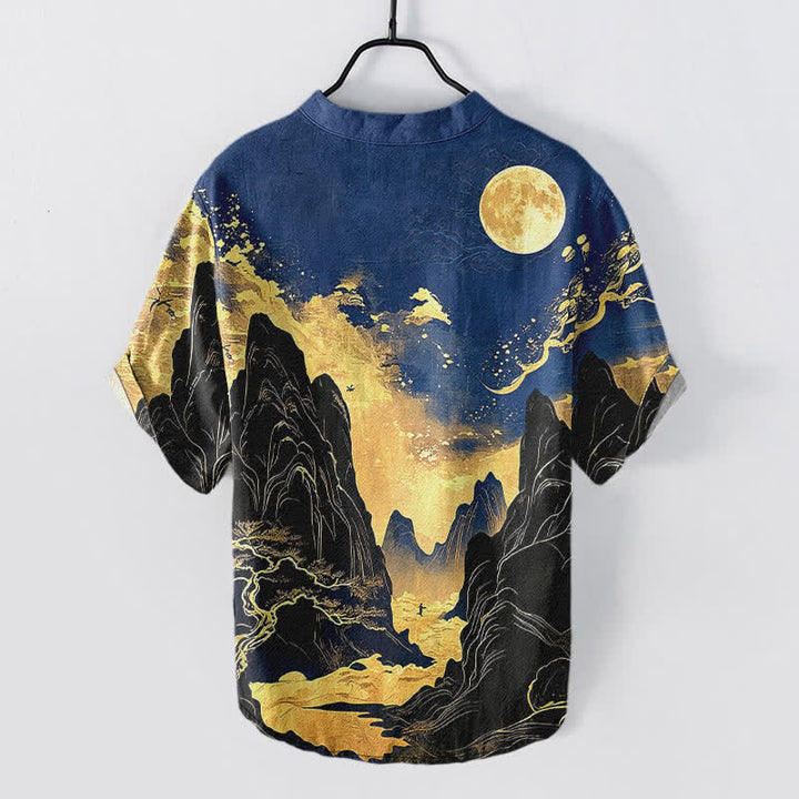 Buddha Stones Camisa de manga corta con medio botón para hombre, de algodón, con estampado de paisaje de luna dorada. - image 6