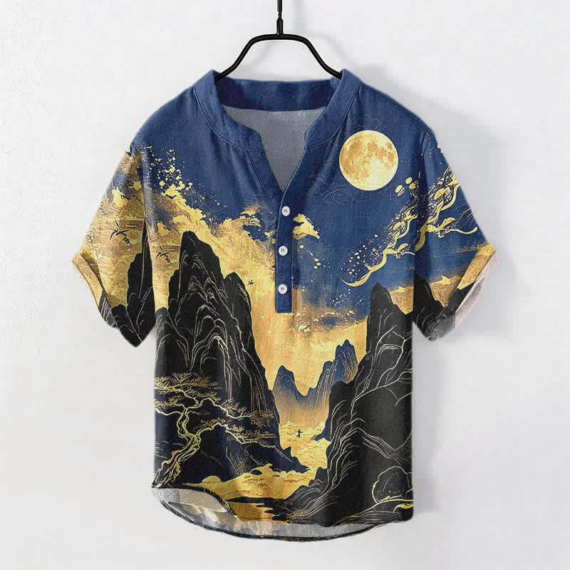 Buddha Stones Camisa de manga corta con medio botón para hombre, de algodón, con estampado de paisaje de luna dorada. - Azul oscuro - US/UK/AU50, EU60 (5XL) - image 5