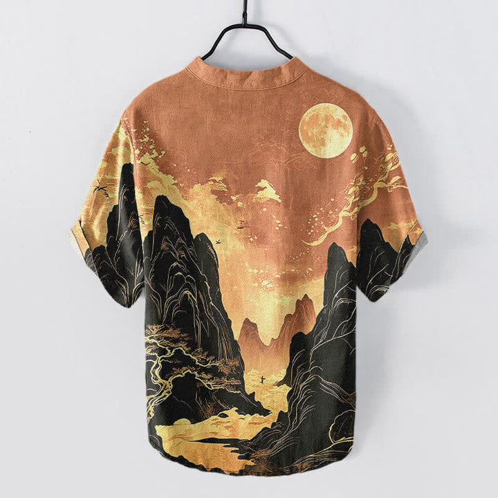 Buddha Stones Camisa de manga corta con medio botón para hombre, de algodón, con estampado de paisaje de luna dorada. - image 8