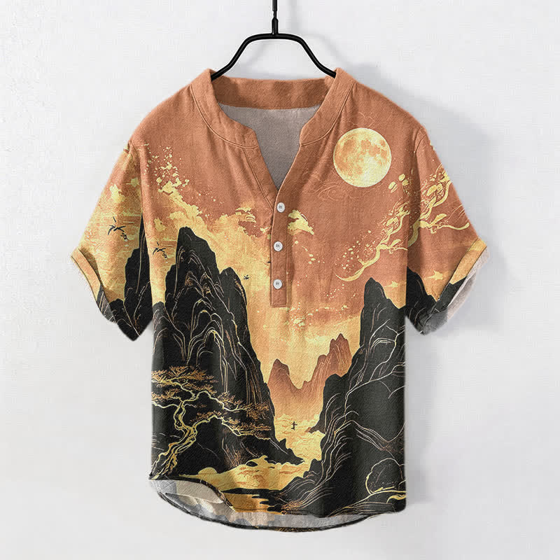 Buddha Stones Camisa de manga corta con medio botón para hombre, de algodón, con estampado de paisaje de luna dorada. - Sandy Brown - US/UK/AU50, EU60 (5XL) - image 7