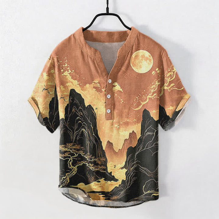 Buddha Stones Camisa de manga corta con medio botón para hombre, de algodón, con estampado de paisaje de luna dorada. - Sandy Brown - US/UK/AU50, EU60 (5XL) - image 7