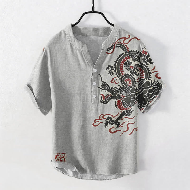 Buddha Stones Camisa de manga corta con medio botón para hombre, de algodón negro con estampado de dragón rojo. - Gris claro - US/UK/AU50, EU60 (5XL) - image 3
