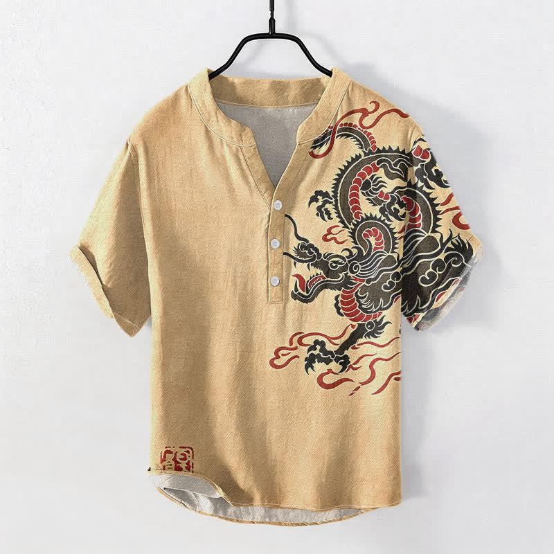 Buddha Stones Camisa de manga corta con medio botón para hombre, de algodón negro con estampado de dragón rojo. - image 5