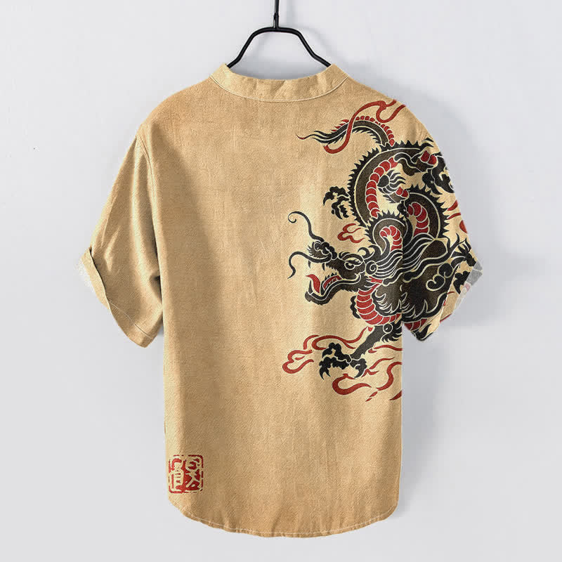 Buddha Stones Camisa de manga corta con medio botón para hombre, de algodón negro con estampado de dragón rojo. - BurlyWood - US/UK/AU50, EU60 (5XL) - image 6
