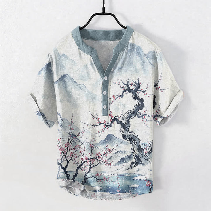 Buddha Stones Camisa de manga corta para hombre con estampado de ciruelas de montaña y medio botón, color algodón lavado con tinta. - AliciaAzul - US/UK/AU50, EU60 (5XL) - image 0