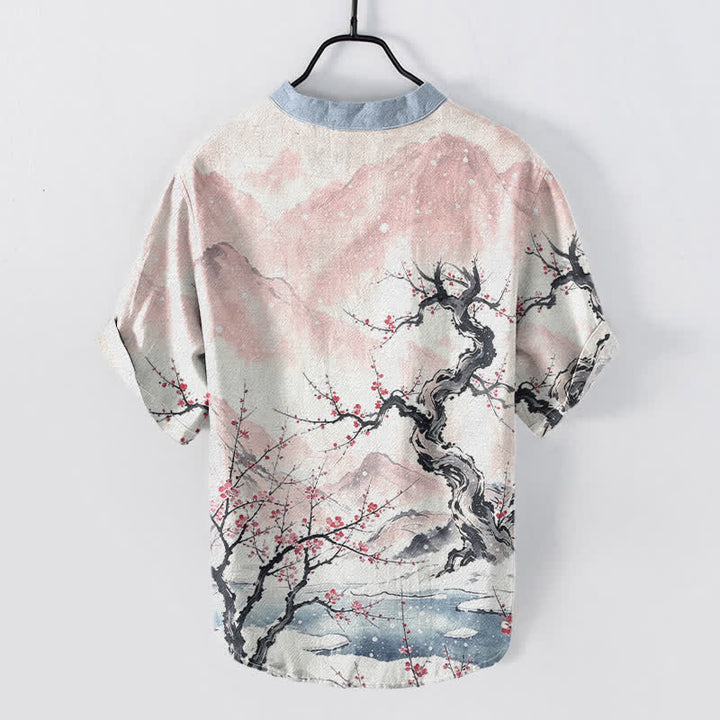 Buddha Stones Camisa de manga corta para hombre con estampado de ciruelas de montaña y medio botón, color algodón lavado con tinta. - image 4