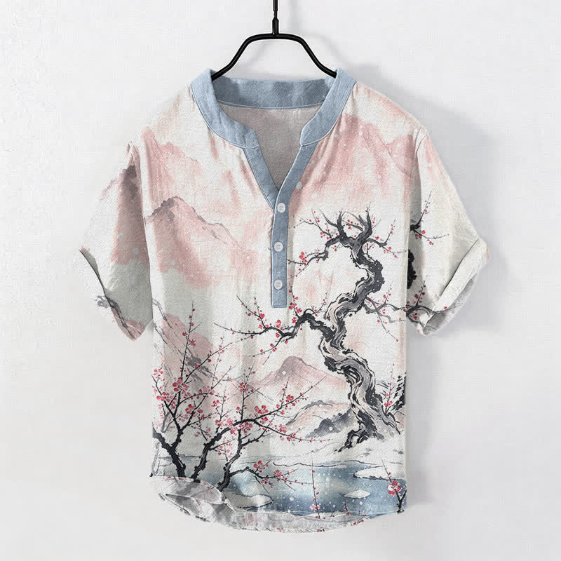 Buddha Stones Camisa de manga corta para hombre con estampado de ciruelas de montaña y medio botón, color algodón lavado con tinta. - Rosa Misty - US/UK/AU50, EU60 (5XL) - image 3