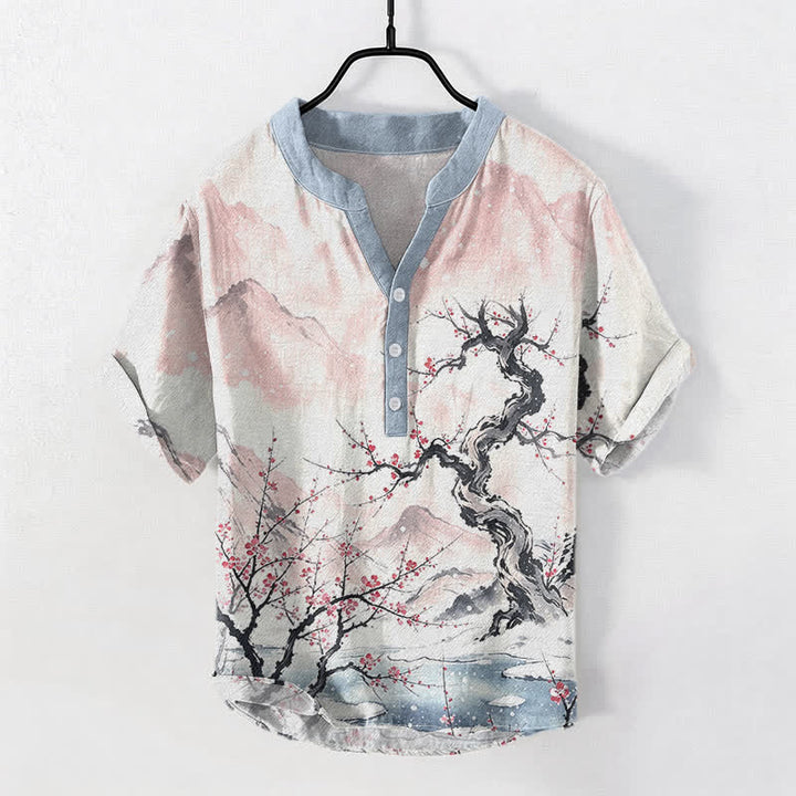 Buddha Stones Camisa de manga corta para hombre con estampado de ciruelas de montaña y medio botón, color algodón lavado con tinta. - Rosa Misty - US/UK/AU50, EU60 (5XL) - image 3