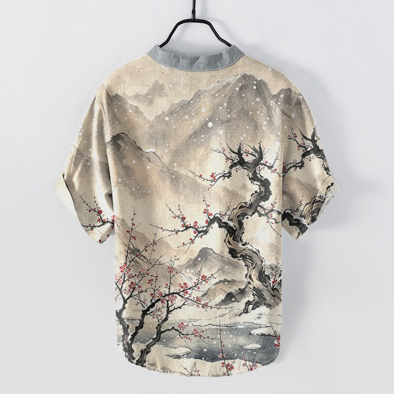Buddha Stones Camisa de manga corta para hombre con estampado de ciruelas de montaña y medio botón, color algodón lavado con tinta. - image 6