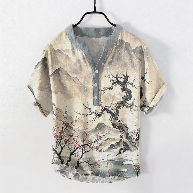 Buddha Stones Camisa de manga corta para hombre con estampado de ciruelas de montaña y medio botón, color algodón lavado con tinta. - Trigo - US/UK/AU50, EU60 (5XL) - image 5