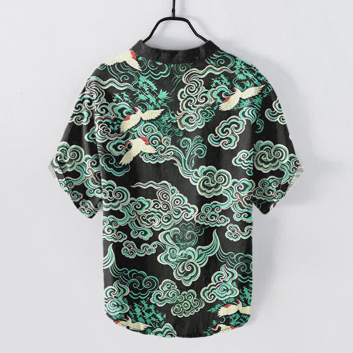Buddha Stones Camisa de manga corta con medio botón para hombre, de algodón, con estampado de grullas en la nube color menta. - image 1