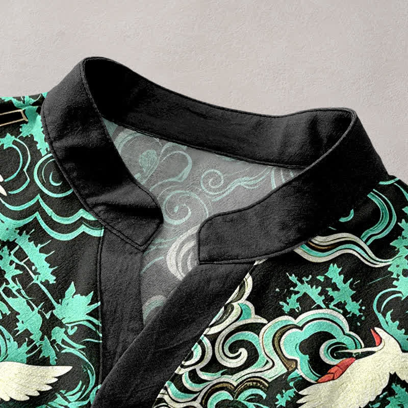 Buddha Stones Camisa de manga corta con medio botón para hombre, de algodón, con estampado de grullas en la nube color menta. - image 2