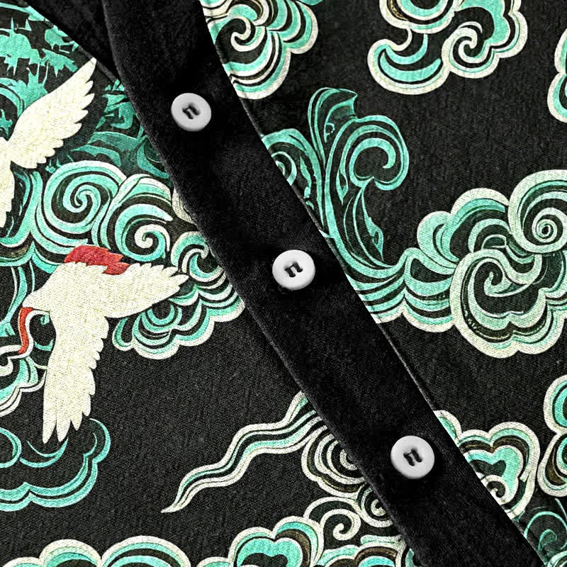 Buddha Stones Camisa de manga corta con medio botón para hombre, de algodón, con estampado de grullas en la nube color menta. - image 3