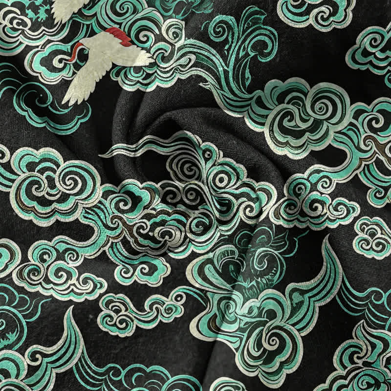 Buddha Stones Camisa de manga corta con medio botón para hombre, de algodón, con estampado de grullas en la nube color menta. - image 4