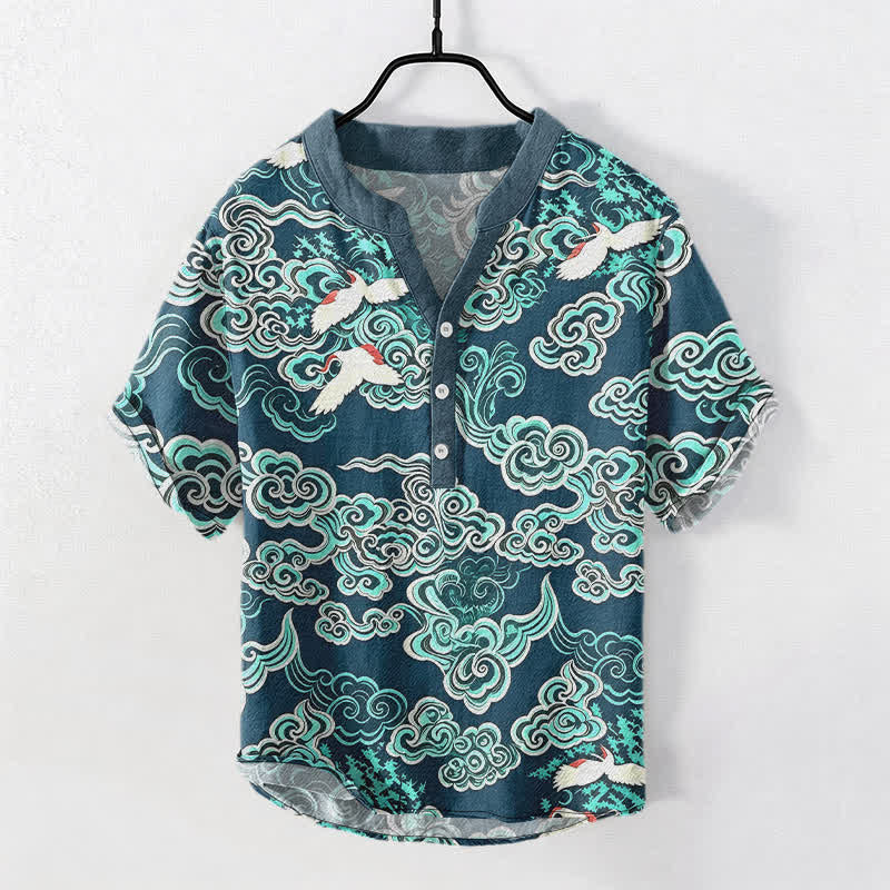 Buddha Stones Camisa de manga corta con medio botón para hombre, de algodón, con estampado de grullas en la nube color menta. - Verde azulado - US/UK/AU50, EU60 (5XL) - image 5
