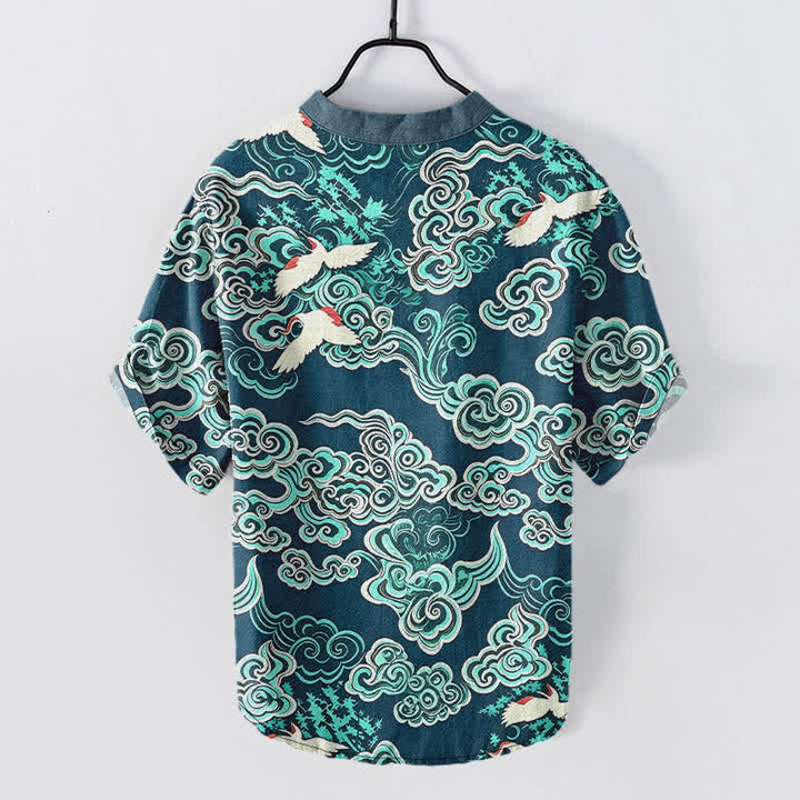 Buddha Stones Camisa de manga corta con medio botón para hombre, de algodón, con estampado de grullas en la nube color menta. - image 6