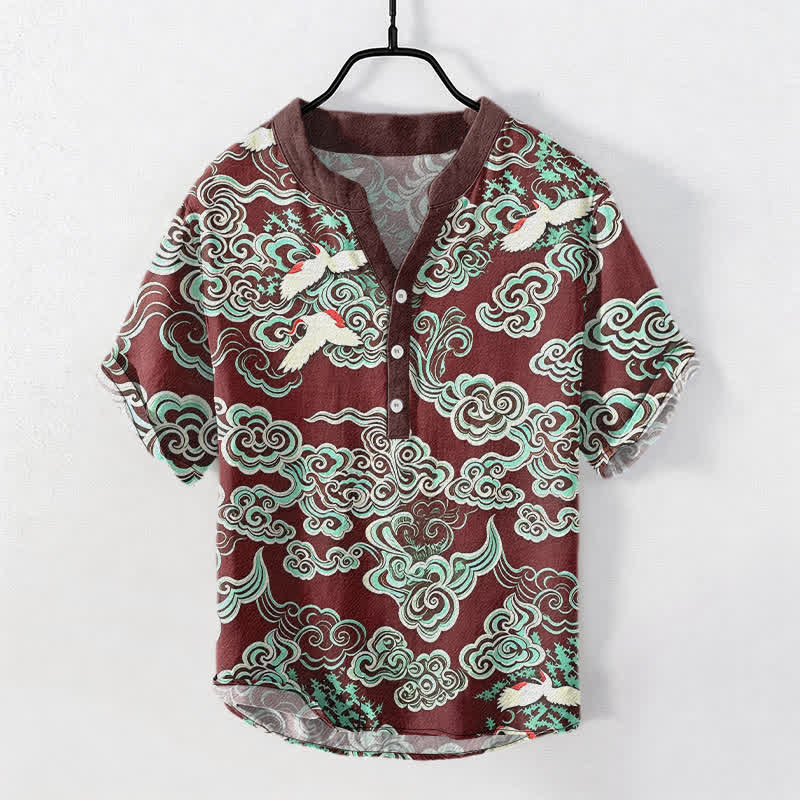 Buddha Stones Camisa de manga corta con medio botón para hombre, de algodón, con estampado de grullas en la nube color menta. - Granate - US/UK/AU50, EU60 (5XL) - image 7