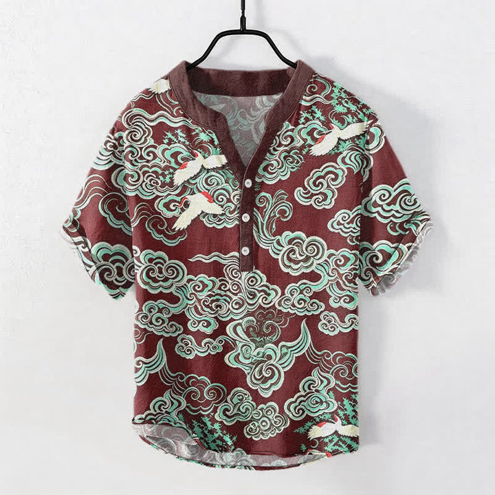 Buddha Stones Camisa de manga corta con medio botón para hombre, de algodón, con estampado de grullas en la nube color menta. - Granate - US/UK/AU50, EU60 (5XL) - image 7