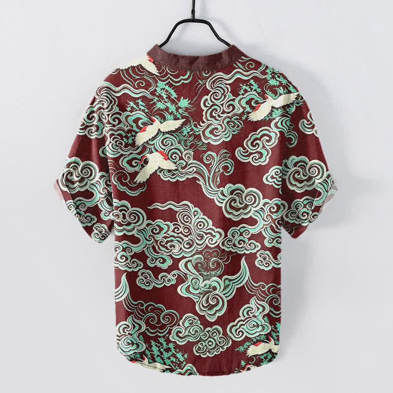 Buddha Stones Camisa de manga corta con medio botón para hombre, de algodón, con estampado de grullas en la nube color menta. - image 8